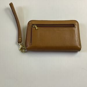 Fossil Cow Leather Zip Around Accordion Wallet Wristlet Cluth Camel  6" x 4"